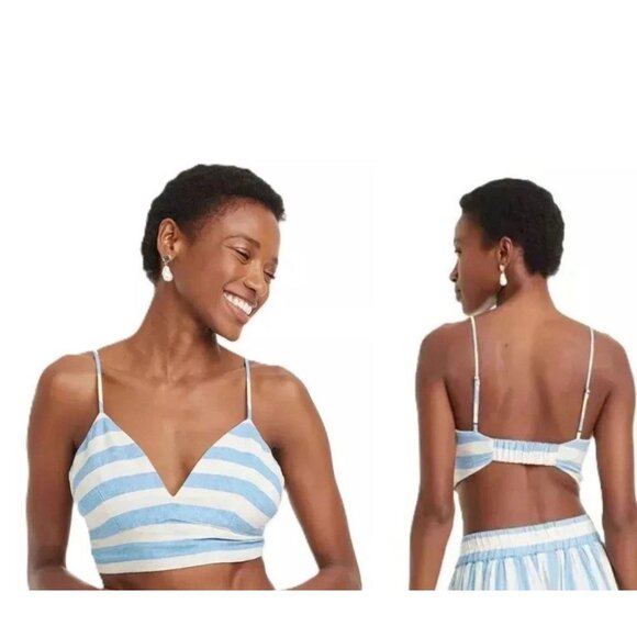 A New Day Women's Beach Bungalow Linen Bralette Tank Top Blue White Striped Lg - Picture 2 of 9
